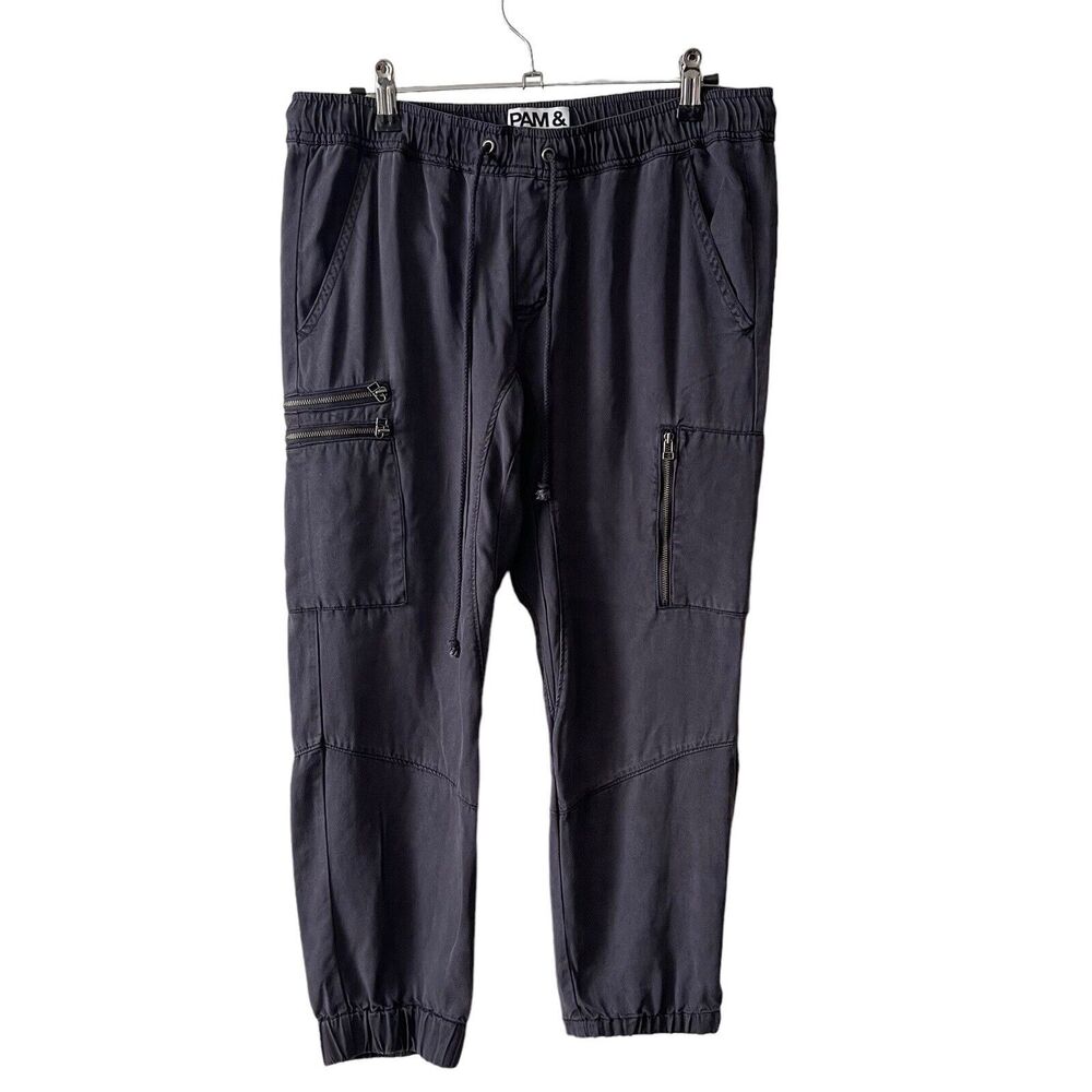 Pam & Gela Small Cargo Jogger Pants Dark Gray Tencel Drawstring Waistband